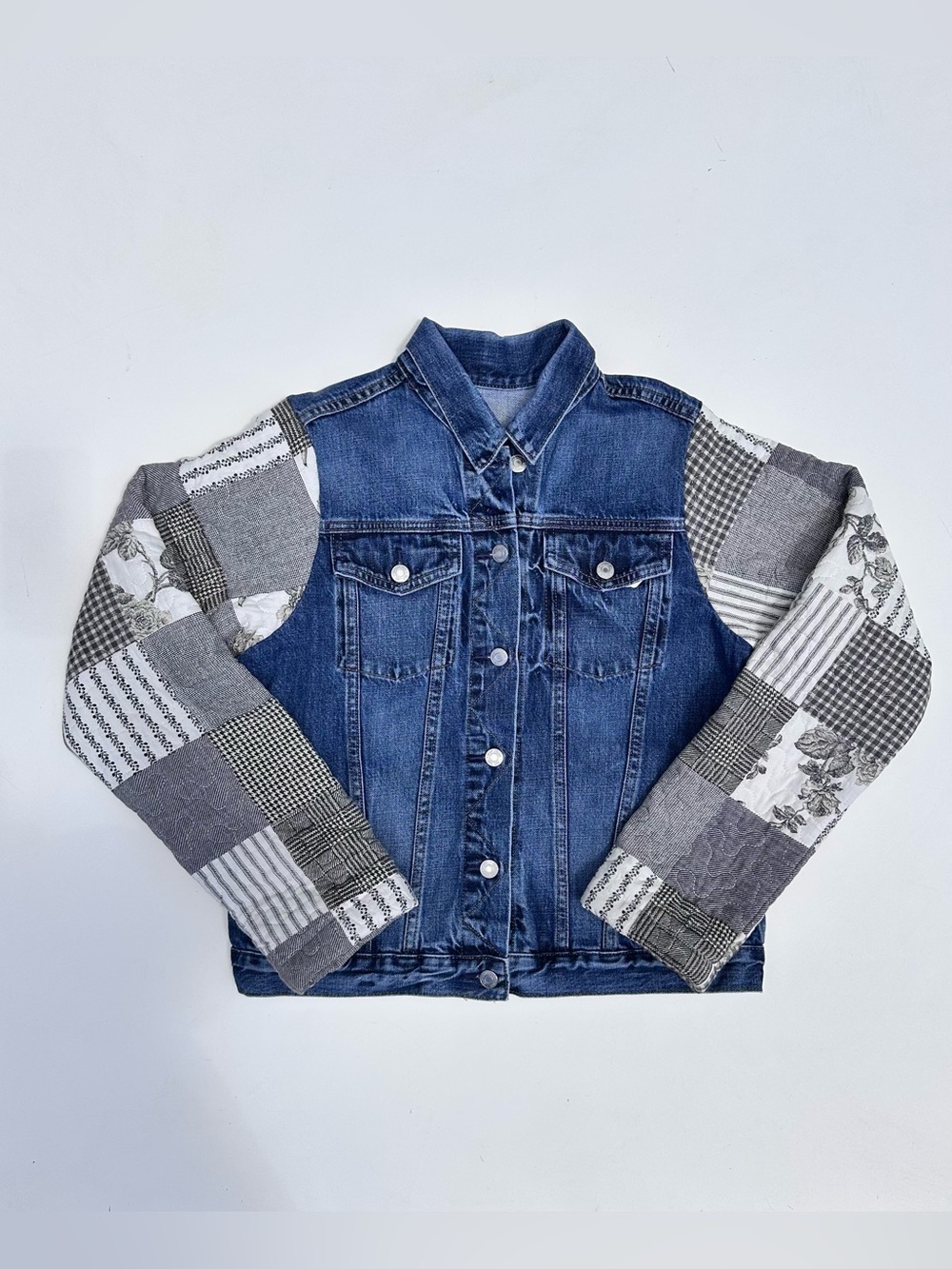 Upcycled Quilt Sleeve Denim Jacket